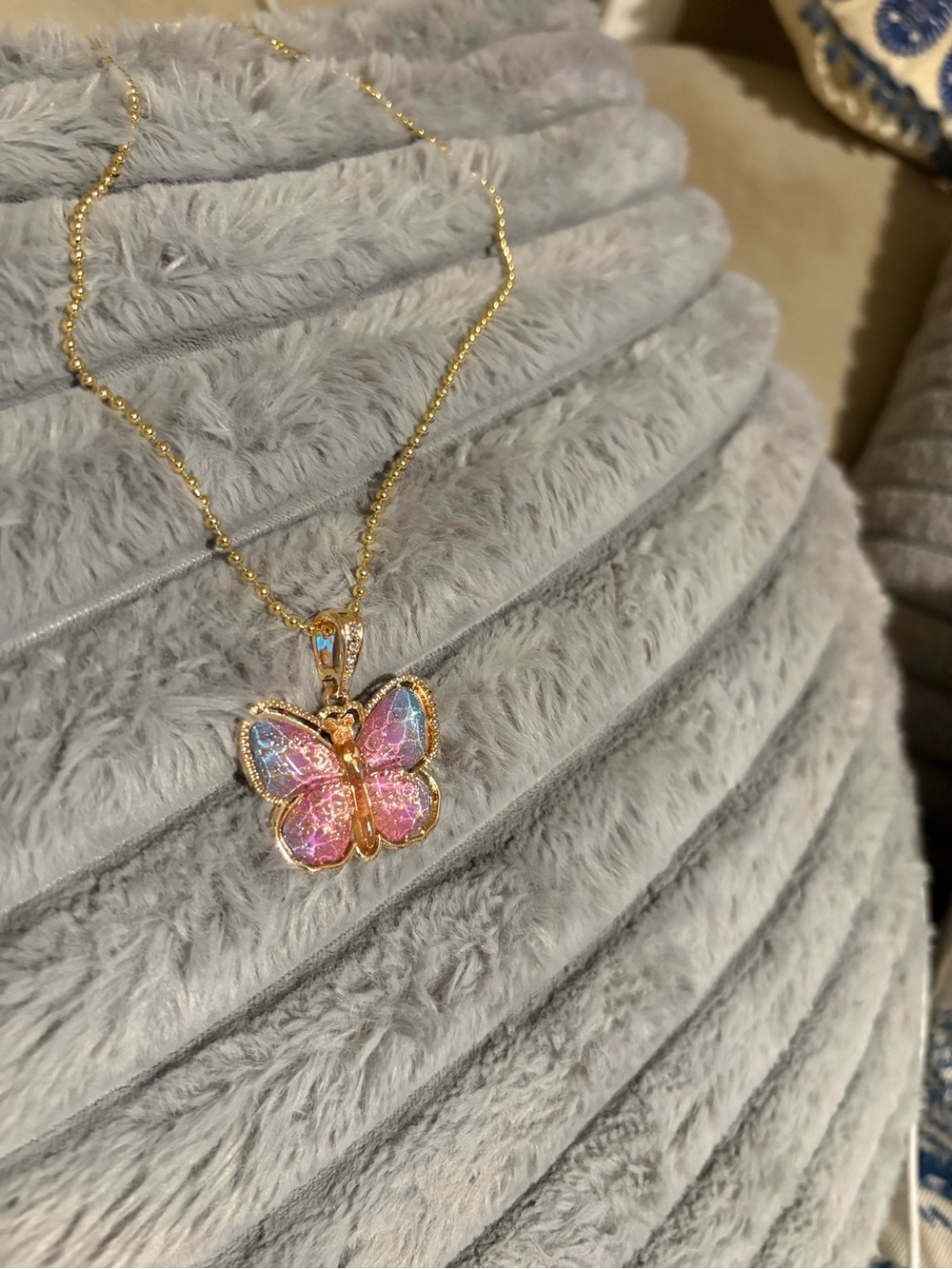 Gold Butterfly Pendant Necklace with Pink and Blue Iridescent Wings